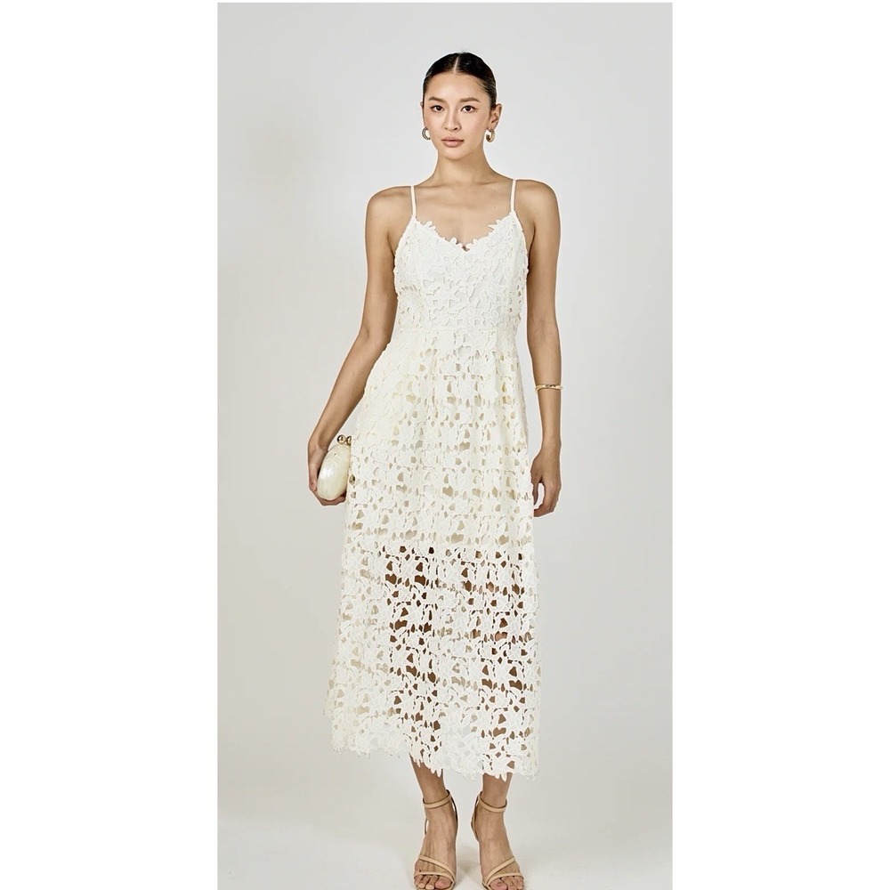 ASTR The Label Crochet Lace Long Maxi Dress Sz M Ivory Boho Festival Romantic